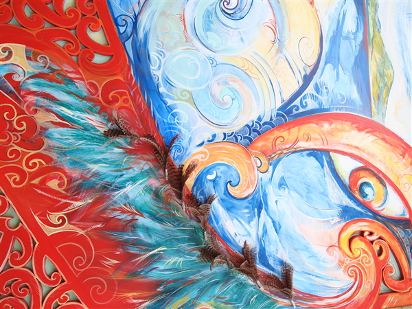 Part of a larger canvas in three pieces adorning the entrance to the Wikitoria Katene building - Whitireia NZ